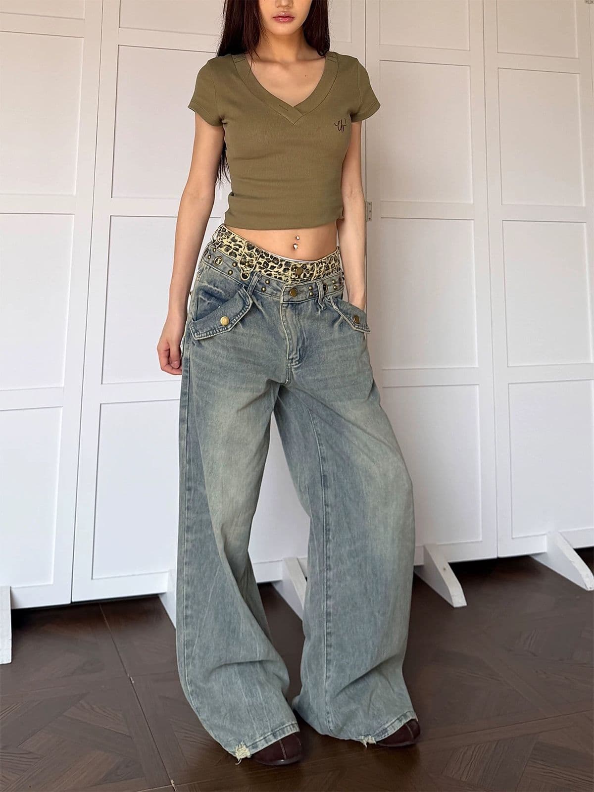레오파드 무늬 패치워크 더블 허리 머리 넓은 다리 청바지 남녀 아메리칸 버드 나무 못 디자인 바닥 청소 스트레이트 긴 바지 상세 이미지 1