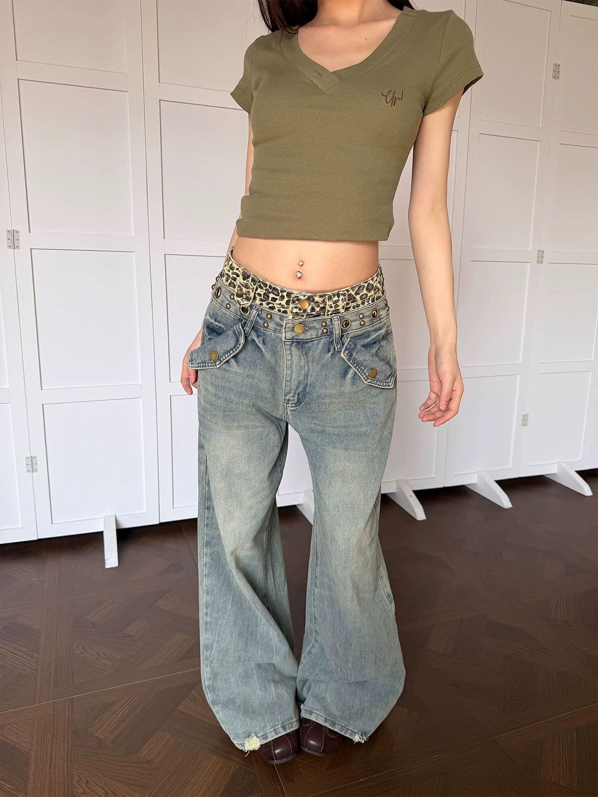 레오파드 무늬 패치워크 더블 허리 머리 넓은 다리 청바지 남녀 아메리칸 버드 나무 못 디자인 바닥 청소 스트레이트 긴 바지 상세 이미지 3