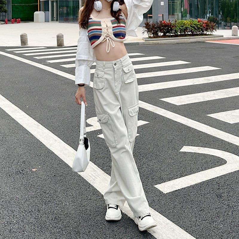 기타 주머니 디자인 스트레이트 워크웨어 팬츠 청바지 여성 작은 키 하이웨이스트 슬림해 보이는 캐주얼 다용도 바닥 청소 와이드 레그 팬츠 이미지 4