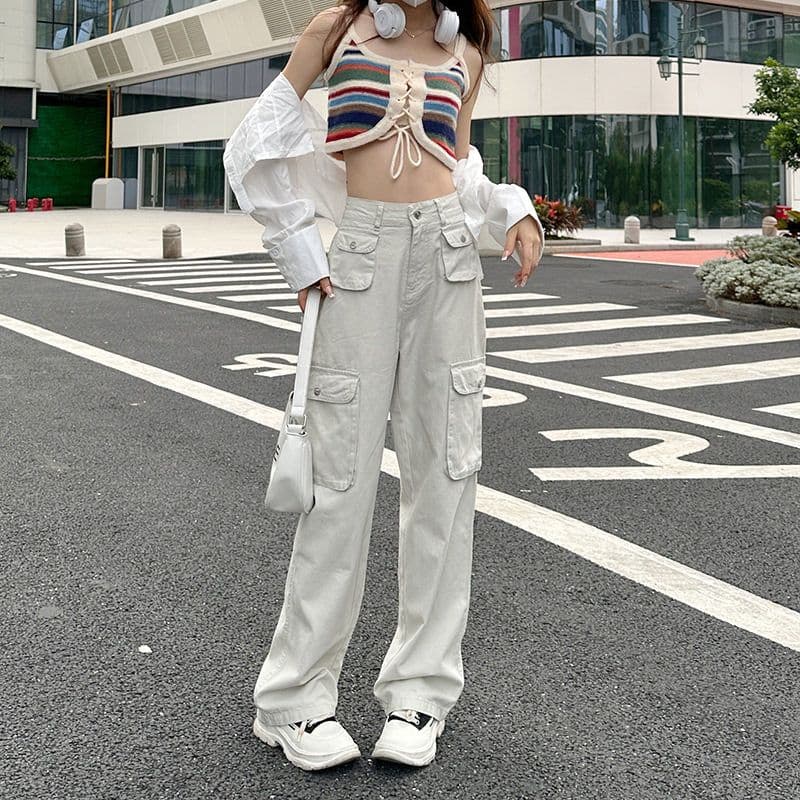 기타 주머니 디자인 스트레이트 워크웨어 팬츠 청바지 여성 작은 키 하이웨이스트 슬림해 보이는 캐주얼 다용도 바닥 청소 와이드 레그 팬츠 이미지 2