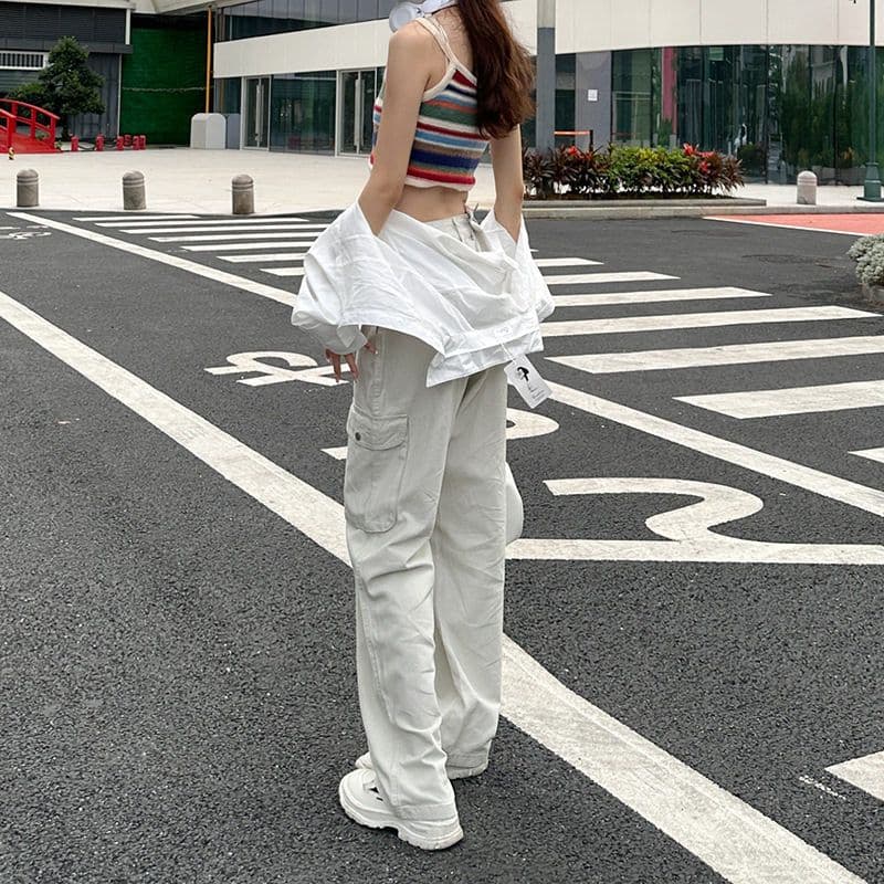 기타 주머니 디자인 스트레이트 워크웨어 팬츠 청바지 여성 작은 키 하이웨이스트 슬림해 보이는 캐주얼 다용도 바닥 청소 와이드 레그 팬츠 이미지 3