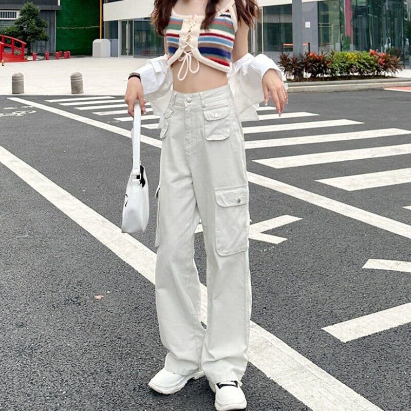기타 주머니 디자인 스트레이트 워크웨어 팬츠 청바지 여성 작은 키 하이웨이스트 슬림해 보이는 캐주얼 다용도 바닥 청소 와이드 레그 팬츠