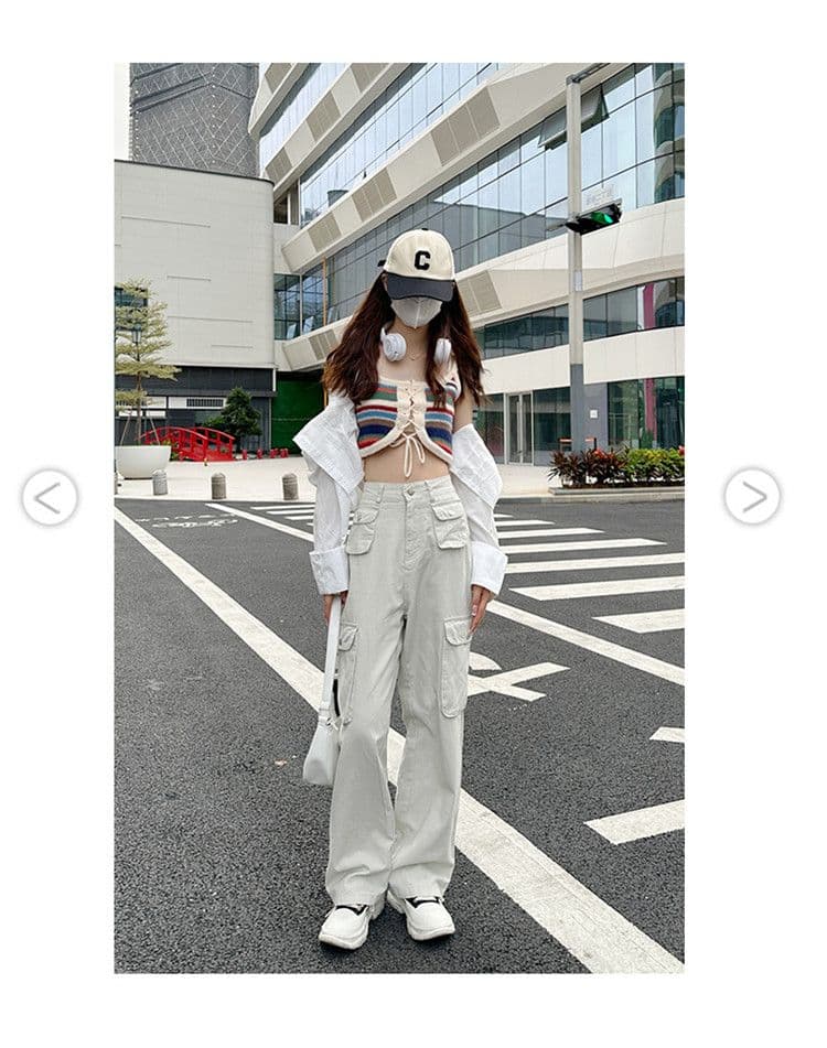 기타 주머니 디자인 스트레이트 워크웨어 팬츠 청바지 여성 작은 키 하이웨이스트 슬림해 보이는 캐주얼 다용도 바닥 청소 와이드 레그 팬츠 상세 이미지 4