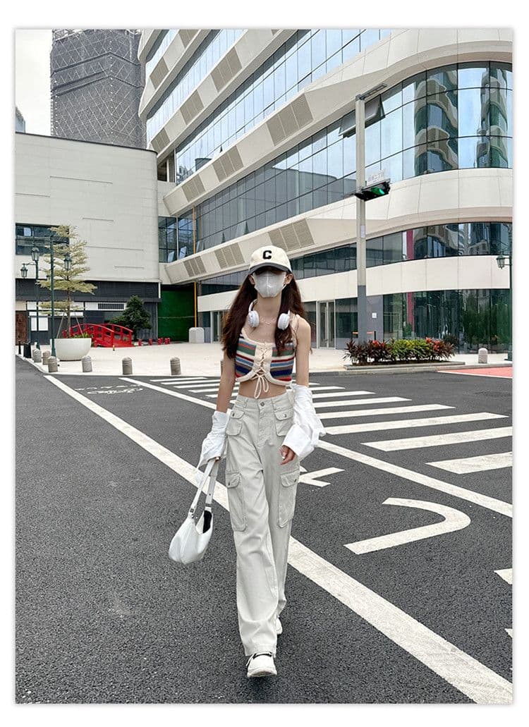 기타 주머니 디자인 스트레이트 워크웨어 팬츠 청바지 여성 작은 키 하이웨이스트 슬림해 보이는 캐주얼 다용도 바닥 청소 와이드 레그 팬츠 상세 이미지 8