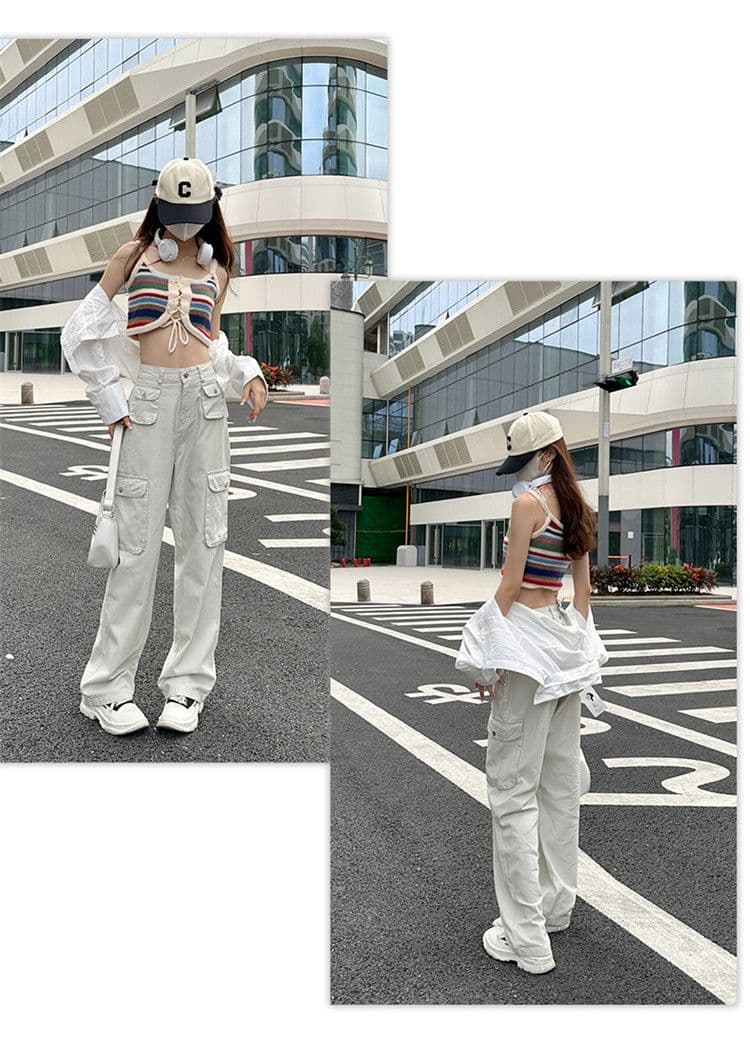 기타 주머니 디자인 스트레이트 워크웨어 팬츠 청바지 여성 작은 키 하이웨이스트 슬림해 보이는 캐주얼 다용도 바닥 청소 와이드 레그 팬츠 상세 이미지 9