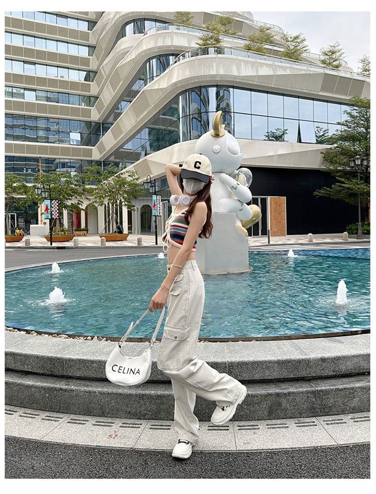 기타 주머니 디자인 스트레이트 워크웨어 팬츠 청바지 여성 작은 키 하이웨이스트 슬림해 보이는 캐주얼 다용도 바닥 청소 와이드 레그 팬츠 상세 이미지 10