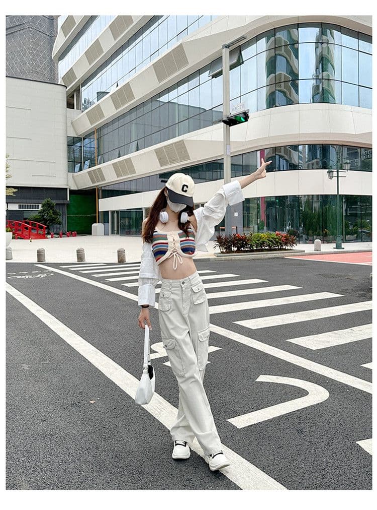 기타 주머니 디자인 스트레이트 워크웨어 팬츠 청바지 여성 작은 키 하이웨이스트 슬림해 보이는 캐주얼 다용도 바닥 청소 와이드 레그 팬츠 상세 이미지 11