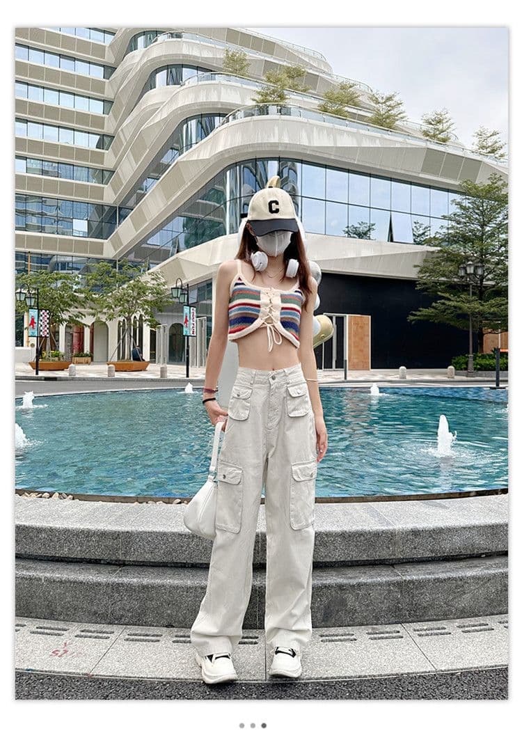 기타 주머니 디자인 스트레이트 워크웨어 팬츠 청바지 여성 작은 키 하이웨이스트 슬림해 보이는 캐주얼 다용도 바닥 청소 와이드 레그 팬츠 상세 이미지 12