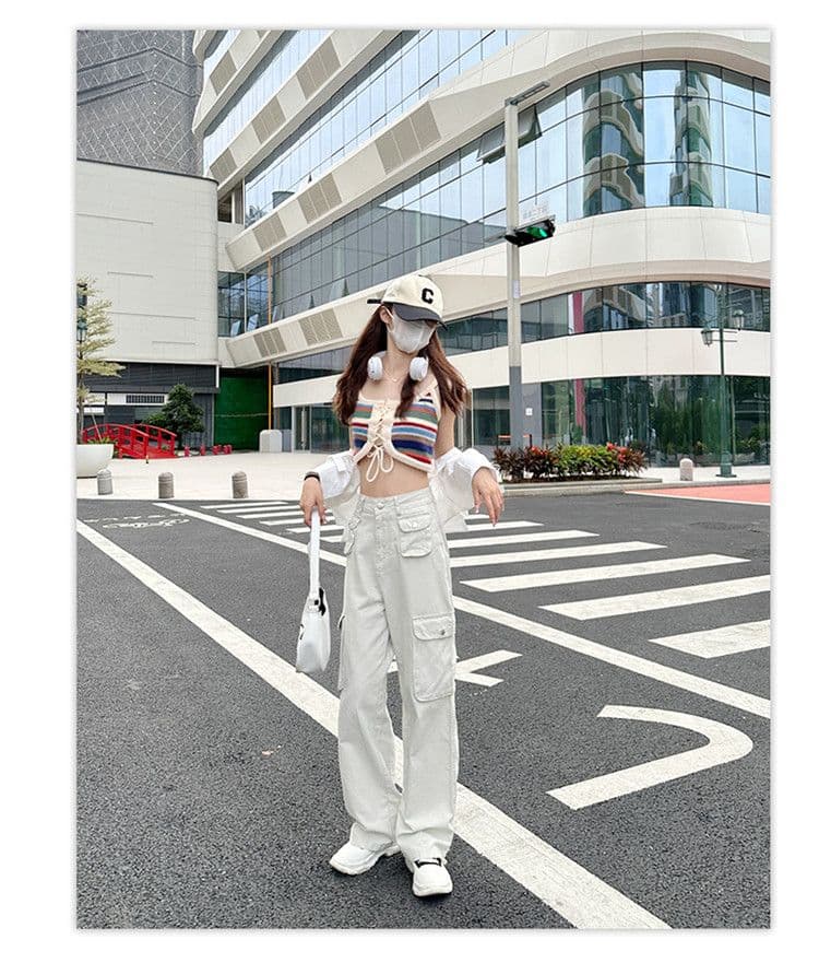 기타 주머니 디자인 스트레이트 워크웨어 팬츠 청바지 여성 작은 키 하이웨이스트 슬림해 보이는 캐주얼 다용도 바닥 청소 와이드 레그 팬츠 상세 이미지 13