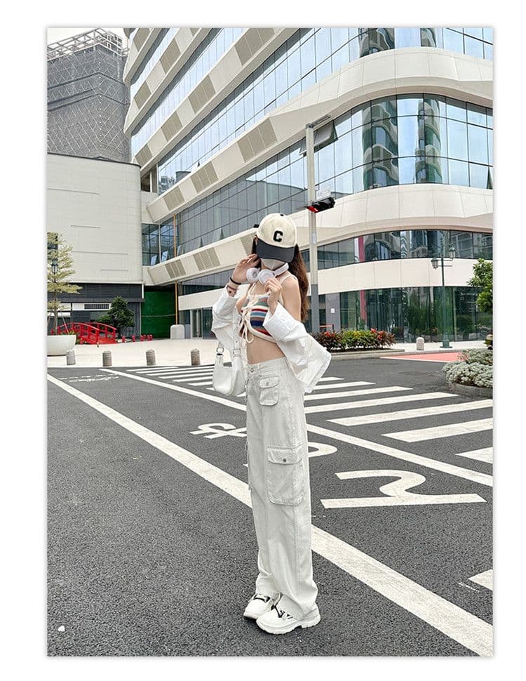 기타 주머니 디자인 스트레이트 워크웨어 팬츠 청바지 여성 작은 키 하이웨이스트 슬림해 보이는 캐주얼 다용도 바닥 청소 와이드 레그 팬츠 상세 이미지 14