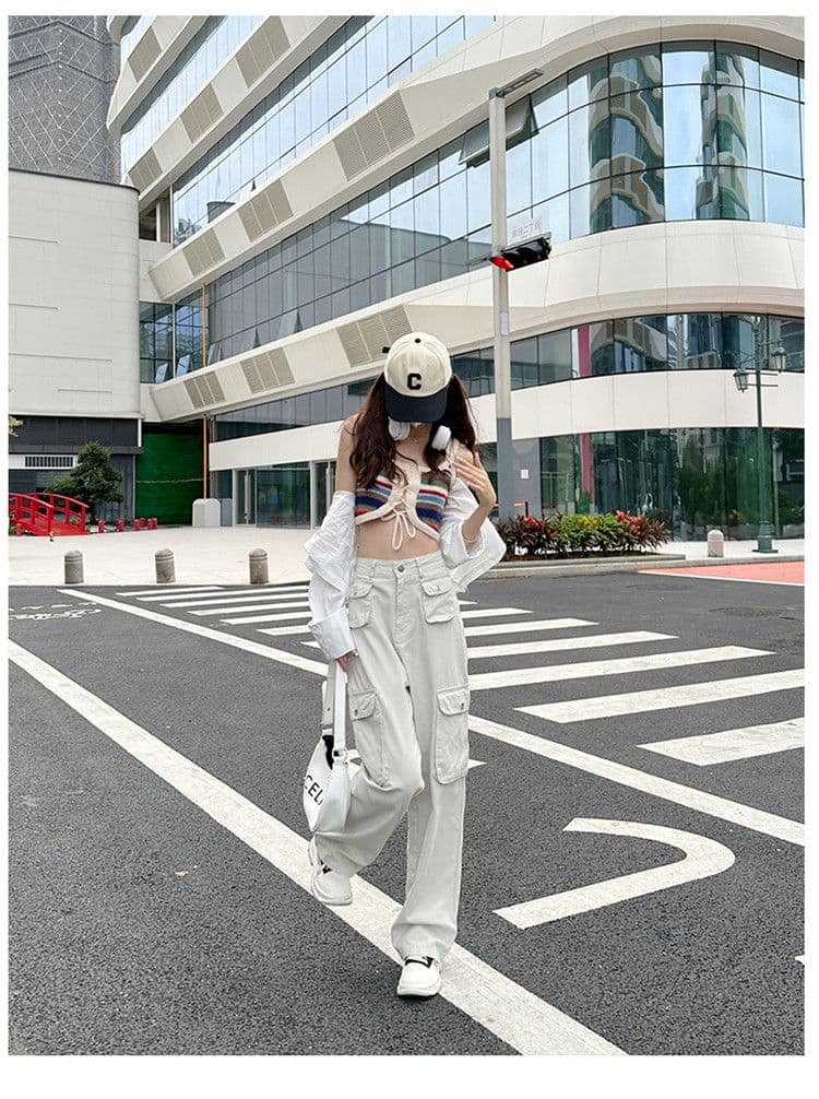 기타 주머니 디자인 스트레이트 워크웨어 팬츠 청바지 여성 작은 키 하이웨이스트 슬림해 보이는 캐주얼 다용도 바닥 청소 와이드 레그 팬츠 상세 이미지 15
