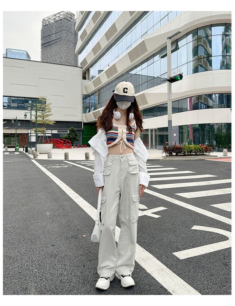 기타 주머니 디자인 스트레이트 워크웨어 팬츠 청바지 여성 작은 키 하이웨이스트 슬림해 보이는 캐주얼 다용도 바닥 청소 와이드 레그 팬츠 상세 이미지 16