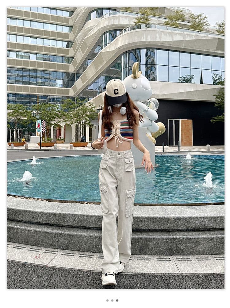기타 주머니 디자인 스트레이트 워크웨어 팬츠 청바지 여성 작은 키 하이웨이스트 슬림해 보이는 캐주얼 다용도 바닥 청소 와이드 레그 팬츠 상세 이미지 17