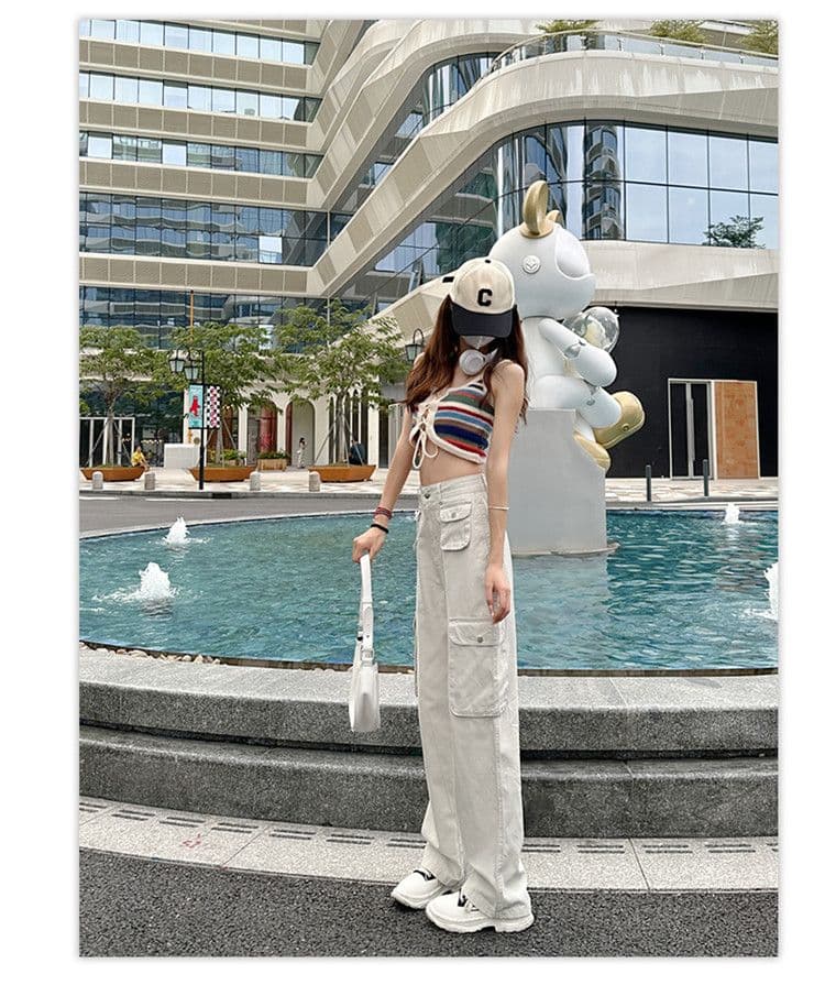 기타 주머니 디자인 스트레이트 워크웨어 팬츠 청바지 여성 작은 키 하이웨이스트 슬림해 보이는 캐주얼 다용도 바닥 청소 와이드 레그 팬츠 상세 이미지 18