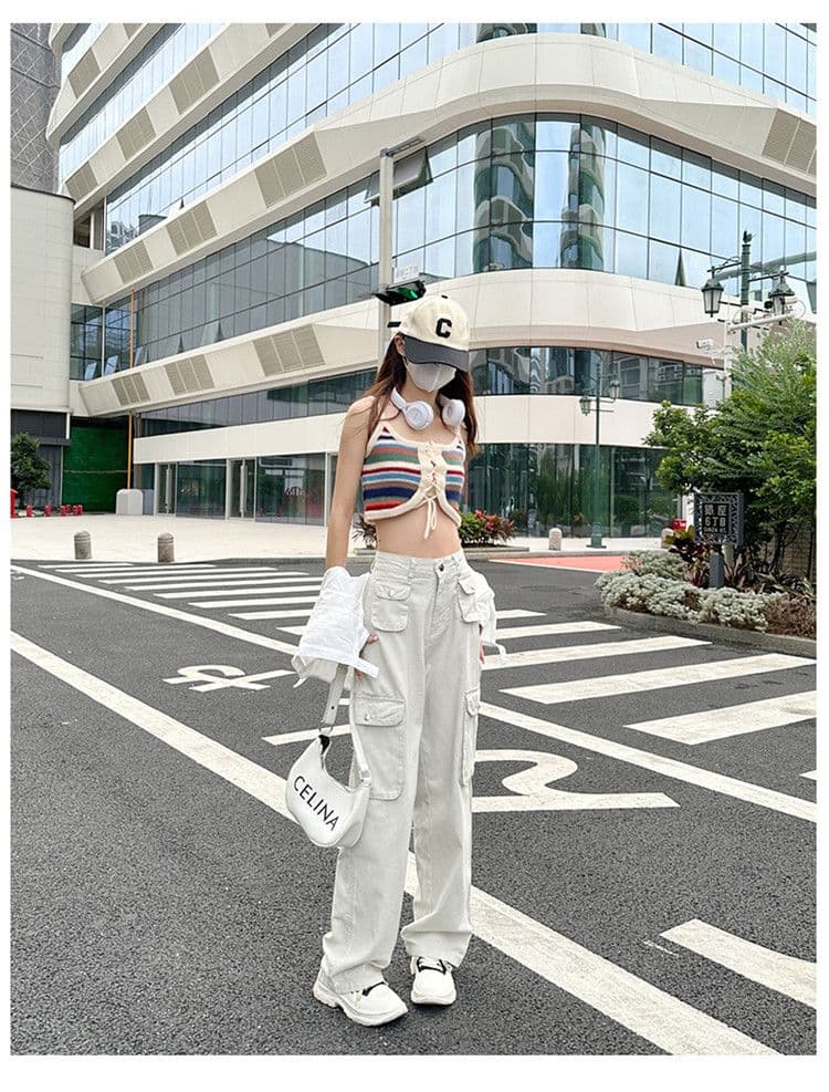 기타 주머니 디자인 스트레이트 워크웨어 팬츠 청바지 여성 작은 키 하이웨이스트 슬림해 보이는 캐주얼 다용도 바닥 청소 와이드 레그 팬츠 상세 이미지 19