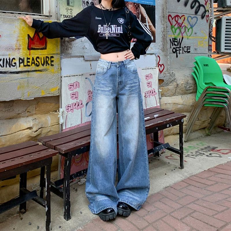 작은 키 주름 디자인 스트레이트 청바지 여성 지방 mm 아메리칸 하이웨이스트 루즈핏 슬림해 보이는 넓은 다리 다용도 긴 바지