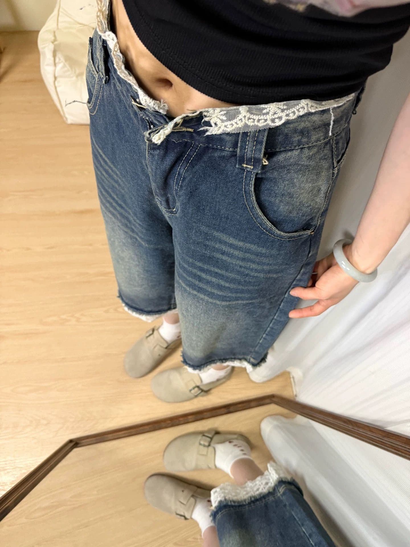 아메리칸 레이스 데님 반바지 여성 여름 새로운 한 부서 패션 레트로 워싱 패치워크 7 점 넓은 다리 청바지 이미지 4