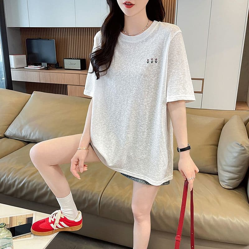 실사 2026 여름 눈꽃 면 루즈핏 한국 스타일 단색 패션 다용도 맨위 ins 자외선 차단 반팔 티셔츠 여성 이미지 2