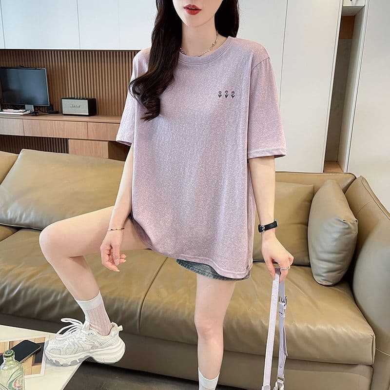 실사 2026 여름 눈꽃 면 루즈핏 한국 스타일 단색 패션 다용도 맨위 ins 자외선 차단 반팔 티셔츠 여성 상세 이미지 12