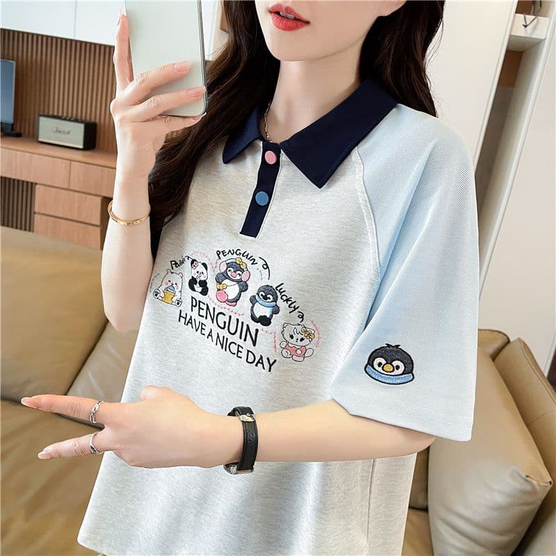 실사 2026 여름 새로운 한국 스타일 POLO 칼라 자수 싸움 플러그 색상 맨위 반팔 티셔츠 여성 이미지 4