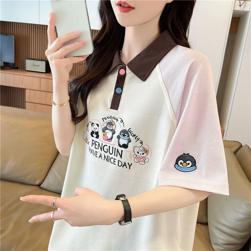 실사 2026 여름 새로운 한국 스타일 POLO 칼라 자수 싸움 플러그 색상 맨위 반팔 티셔츠 여성 이미지 3
