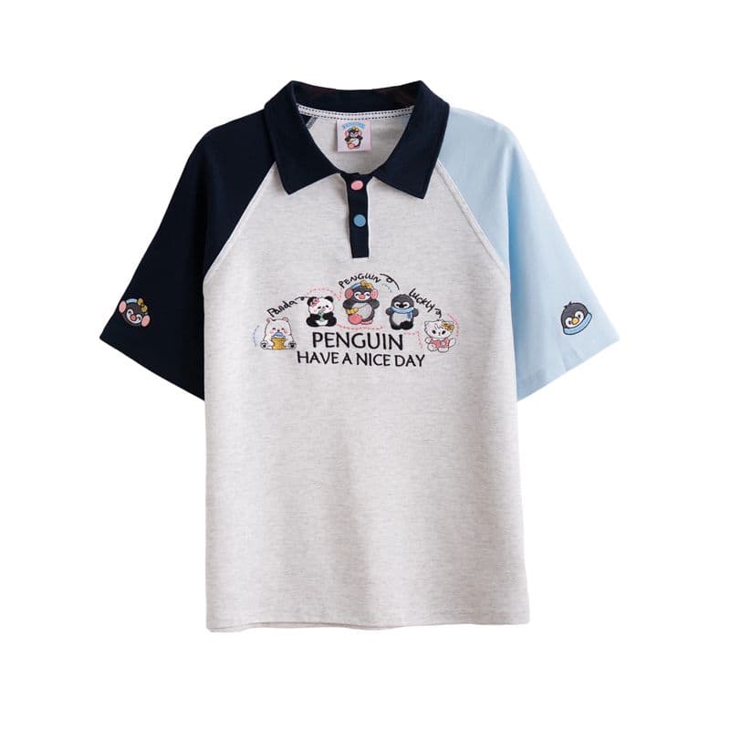 실사 2026 여름 새로운 한국 스타일 POLO 칼라 자수 싸움 플러그 색상 맨위 반팔 티셔츠 여성 이미지 5