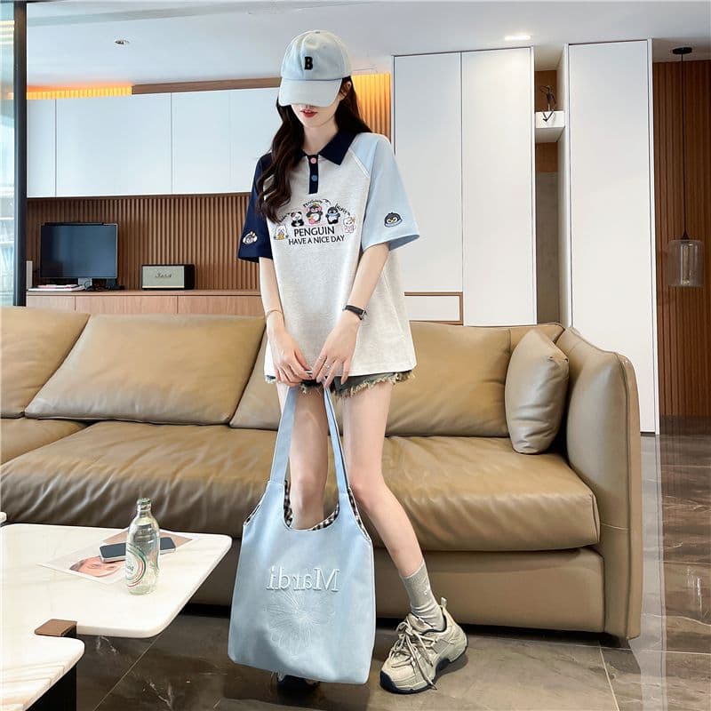 실사 2026 여름 새로운 한국 스타일 POLO 칼라 자수 싸움 플러그 색상 맨위 반팔 티셔츠 여성 상세 이미지 5
