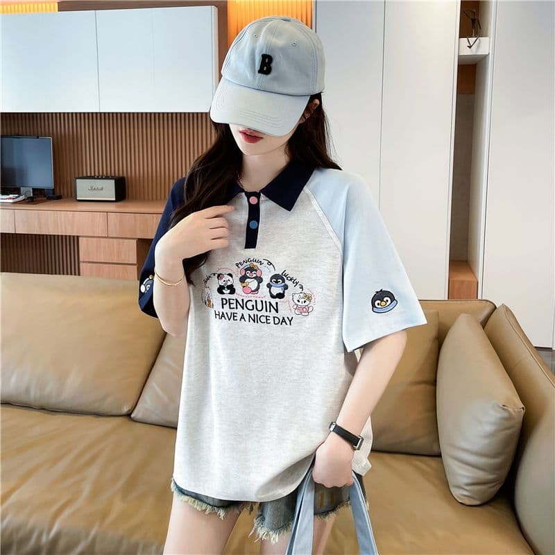 실사 2026 여름 새로운 한국 스타일 POLO 칼라 자수 싸움 플러그 색상 맨위 반팔 티셔츠 여성 상세 이미지 6