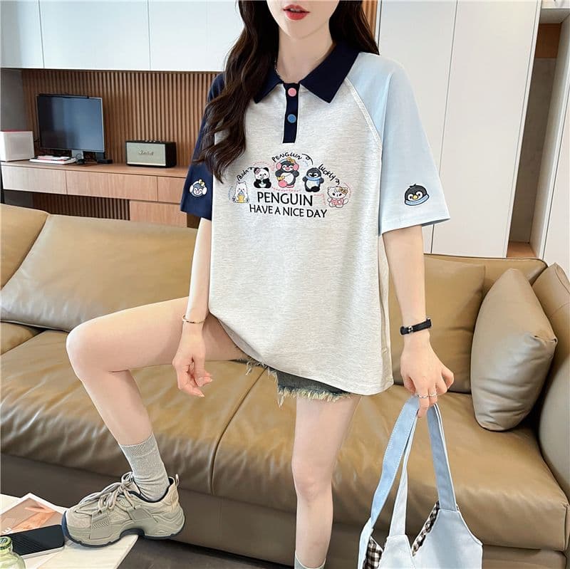 실사 2026 여름 새로운 한국 스타일 POLO 칼라 자수 싸움 플러그 색상 맨위 반팔 티셔츠 여성 상세 이미지 7