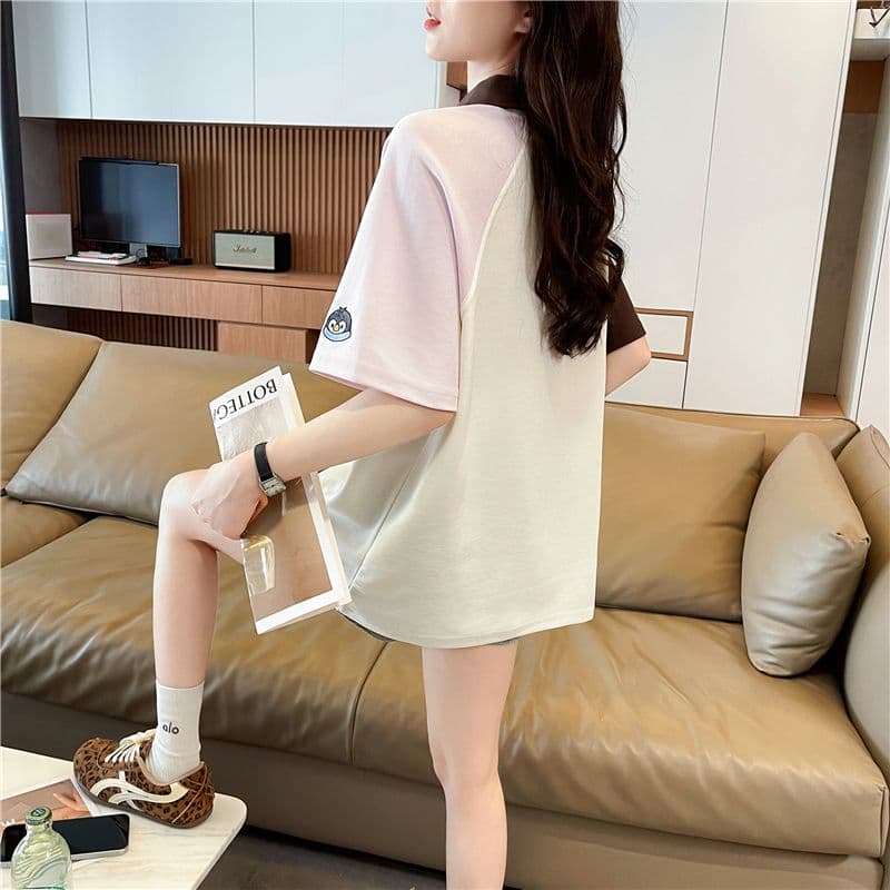 실사 2026 여름 새로운 한국 스타일 POLO 칼라 자수 싸움 플러그 색상 맨위 반팔 티셔츠 여성 상세 이미지 11