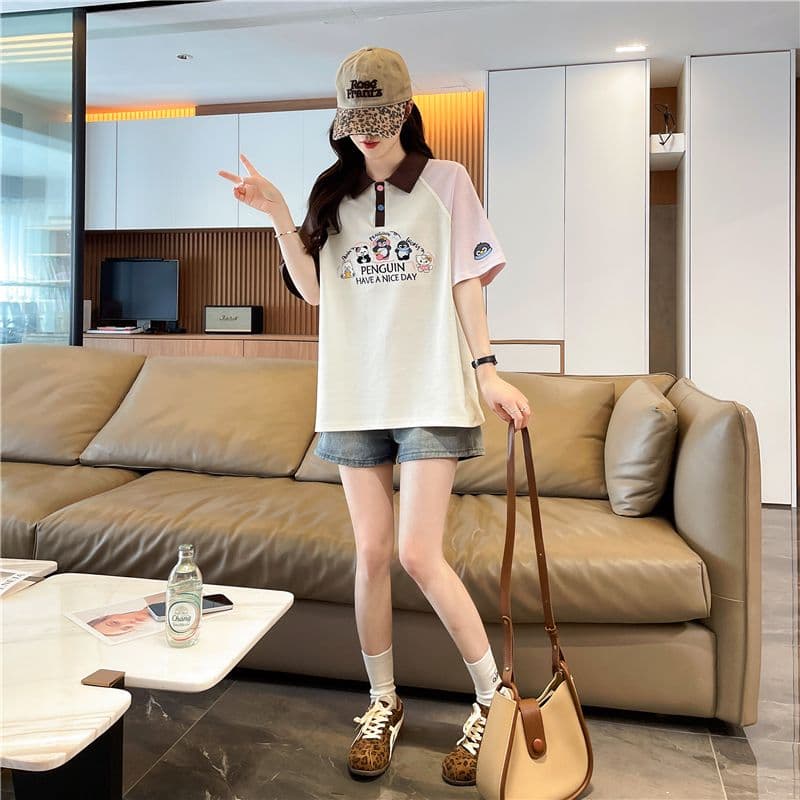 실사 2026 여름 새로운 한국 스타일 POLO 칼라 자수 싸움 플러그 색상 맨위 반팔 티셔츠 여성 상세 이미지 13