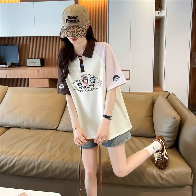 실사 2026 여름 새로운 한국 스타일 POLO 칼라 자수 싸움 플러그 색상 맨위 반팔 티셔츠 여성 상세 이미지 14