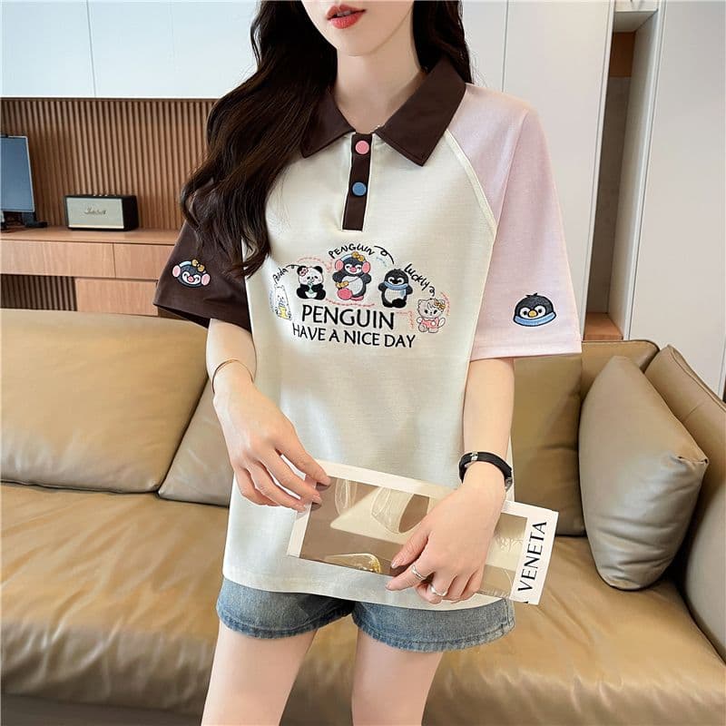 실사 2026 여름 새로운 한국 스타일 POLO 칼라 자수 싸움 플러그 색상 맨위 반팔 티셔츠 여성 상세 이미지 16