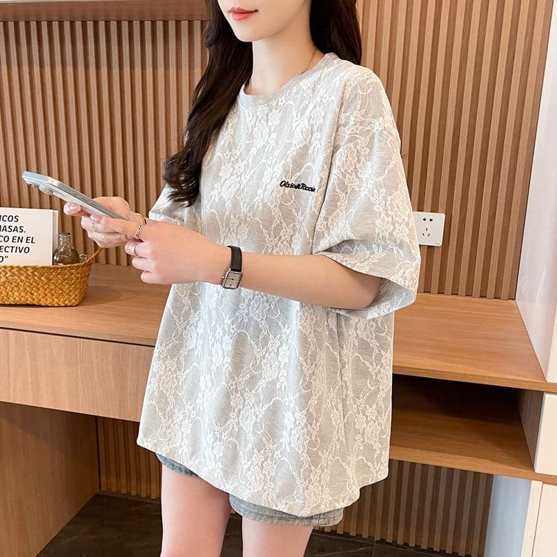 실사 2026 여름 레이스 꽃 원단 자수 느슨함 센스 레트로 반팔 티셔츠 여성