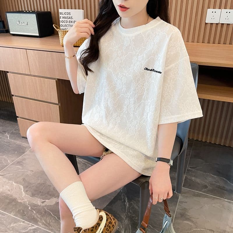 실사 2026 여름 레이스 꽃 원단 자수 느슨함 센스 레트로 반팔 티셔츠 여성 상세 이미지 3