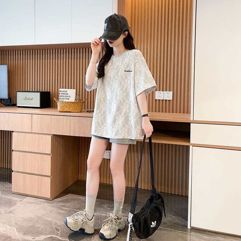 실사 2026 여름 레이스 꽃 원단 자수 느슨함 센스 레트로 반팔 티셔츠 여성 상세 이미지 10