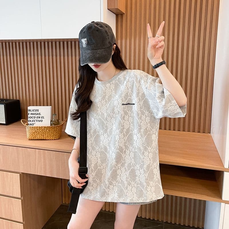 실사 2026 여름 레이스 꽃 원단 자수 느슨함 센스 레트로 반팔 티셔츠 여성 상세 이미지 11