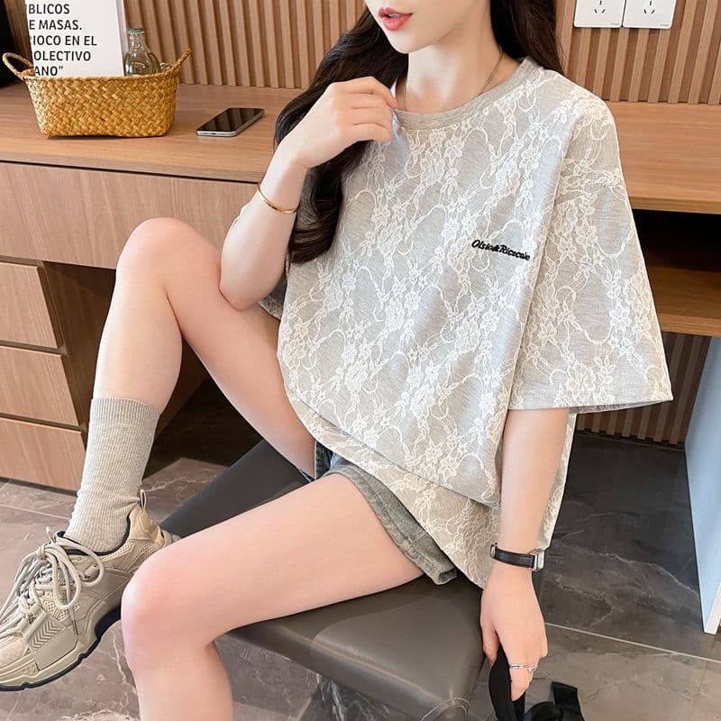 실사 2026 여름 레이스 꽃 원단 자수 느슨함 센스 레트로 반팔 티셔츠 여성 상세 이미지 17