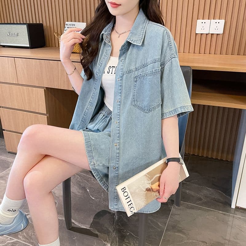 실사 2026 여름 루즈핏 레트로 달콤한 매운맛 바람 데님 셔츠 반바지 투피스 세트 캐주얼 세트 여성 이미지 2
