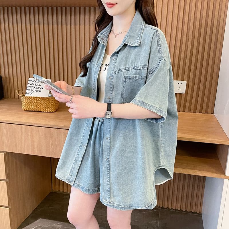 실사 2026 여름 루즈핏 레트로 달콤한 매운맛 바람 데님 셔츠 반바지 투피스 세트 캐주얼 세트 여성