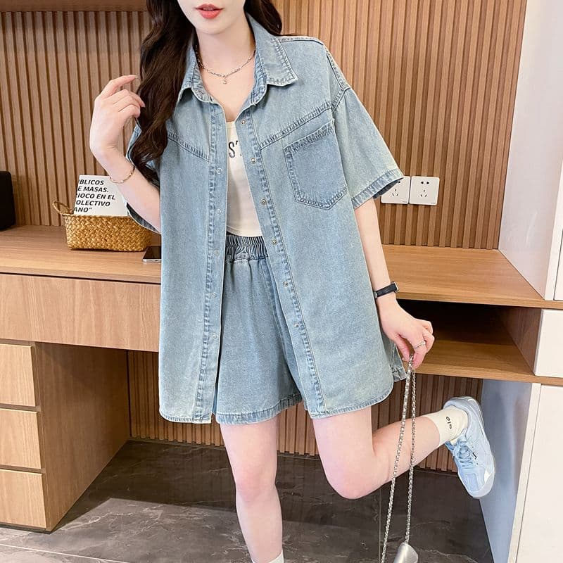 실사 2026 여름 루즈핏 레트로 달콤한 매운맛 바람 데님 셔츠 반바지 투피스 세트 캐주얼 세트 여성 상세 이미지 4
