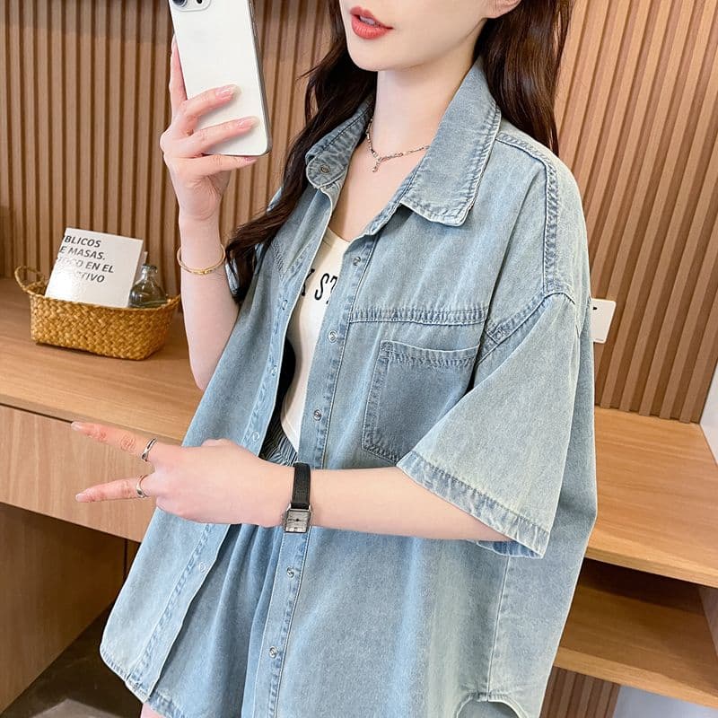실사 2026 여름 루즈핏 레트로 달콤한 매운맛 바람 데님 셔츠 반바지 투피스 세트 캐주얼 세트 여성 상세 이미지 6