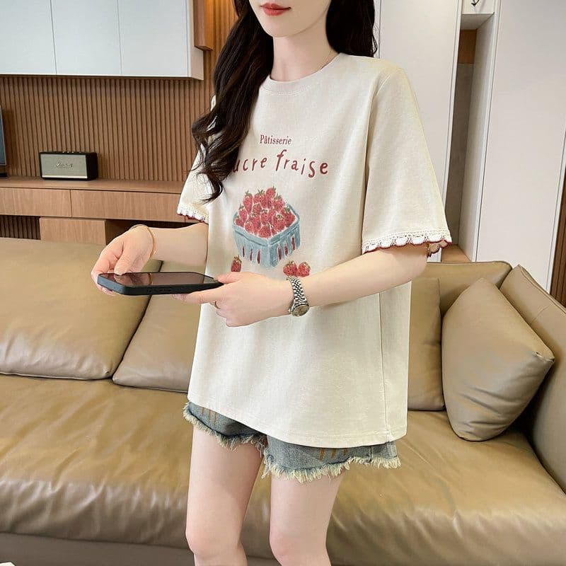 실사 2026 여름 순면 당겨 프레임 만화 프린트 페이크 레이어드 반팔 티셔츠 여성 이미지 5