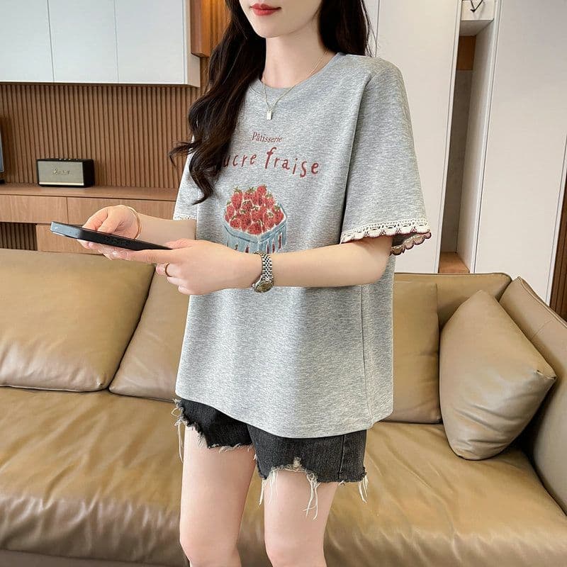 실사 2026 여름 순면 당겨 프레임 만화 프린트 페이크 레이어드 반팔 티셔츠 여성 상세 이미지 6