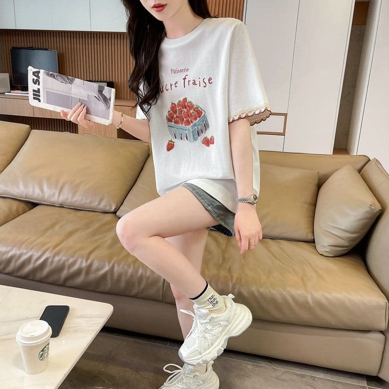 실사 2026 여름 순면 당겨 프레임 만화 프린트 페이크 레이어드 반팔 티셔츠 여성 상세 이미지 16