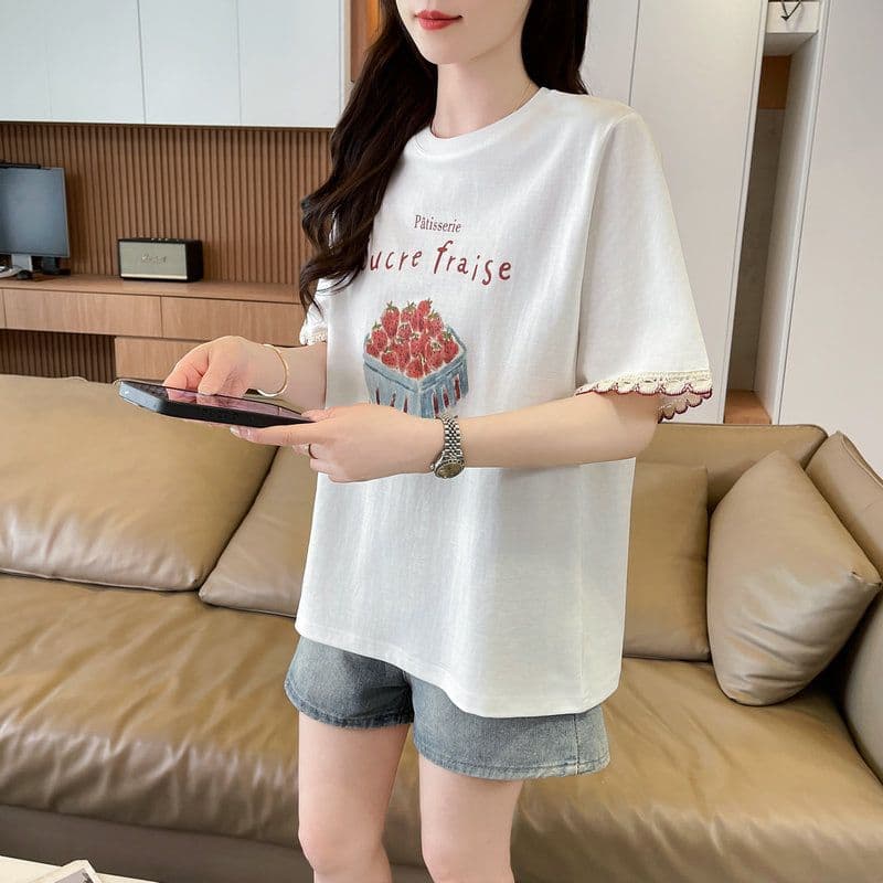 실사 2026 여름 순면 당겨 프레임 만화 프린트 페이크 레이어드 반팔 티셔츠 여성 상세 이미지 17