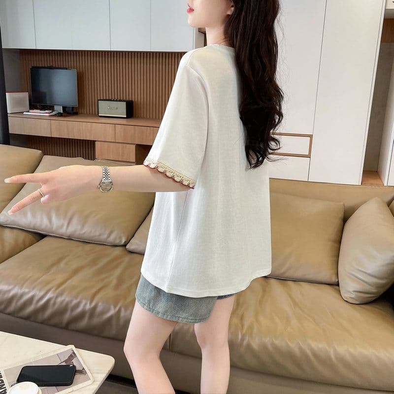 실사 2026 여름 순면 당겨 프레임 만화 프린트 페이크 레이어드 반팔 티셔츠 여성 상세 이미지 19