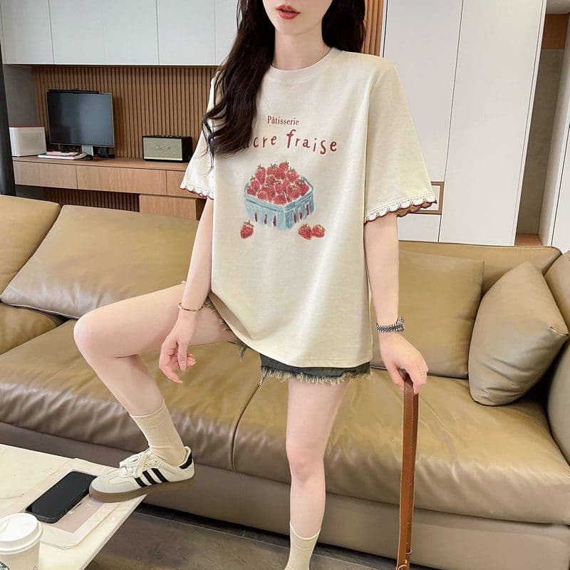 실사 2026 여름 순면 당겨 프레임 만화 프린트 페이크 레이어드 반팔 티셔츠 여성 상세 이미지 23