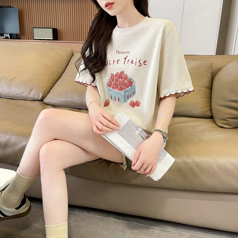 실사 2026 여름 순면 당겨 프레임 만화 프린트 페이크 레이어드 반팔 티셔츠 여성 상세 이미지 28