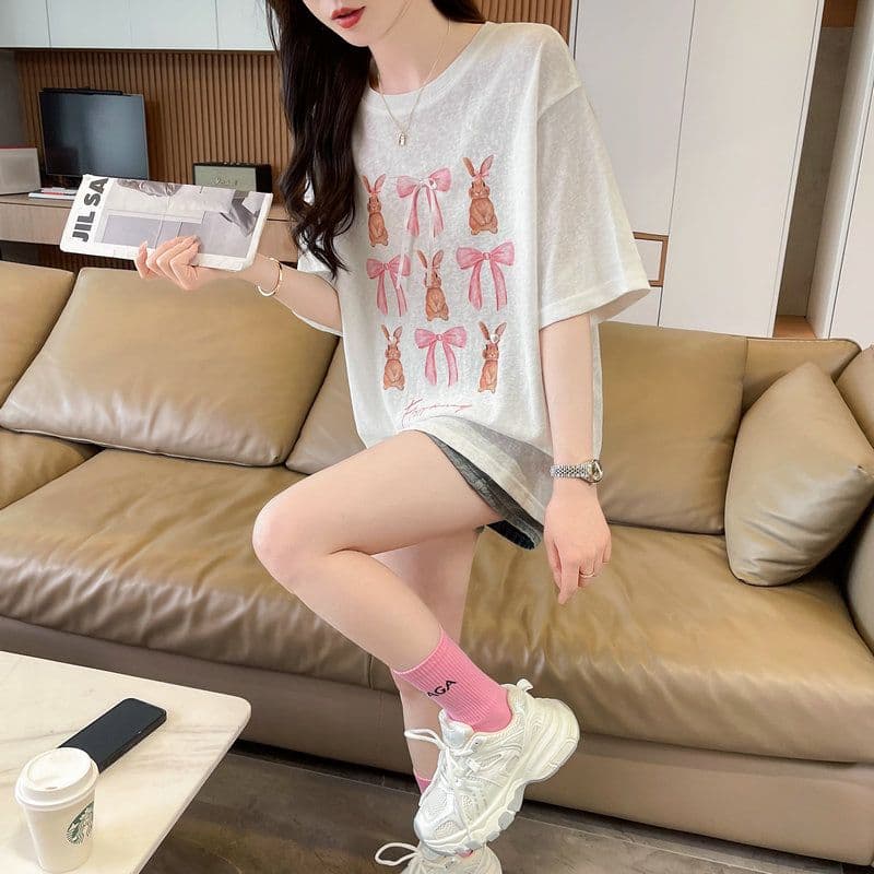 실사 2026 여름 눈꽃 면 60 면 40 폴리 에스터 만화 프린트 반팔 티셔츠 여성 이미지 5